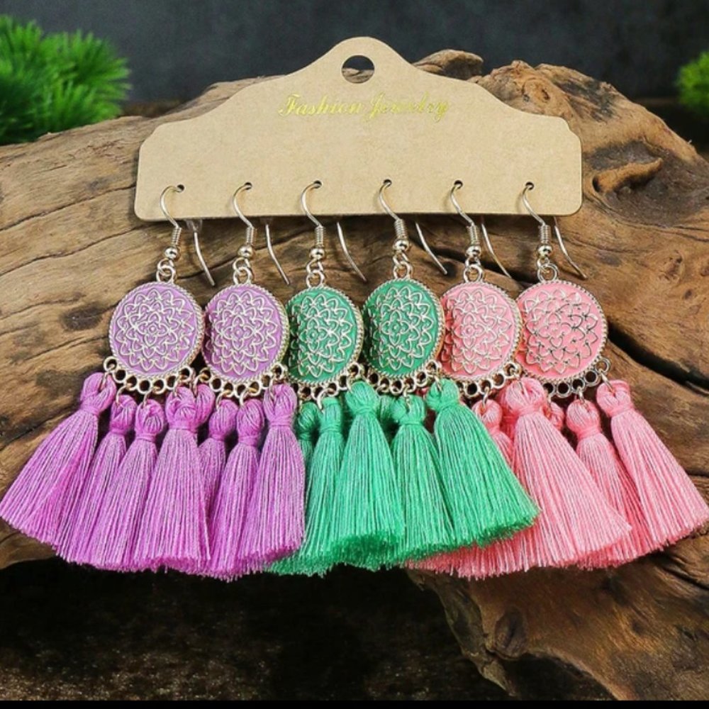 Set Of 3 Bohemian Boho Hippie Hanging Tassel Earrings Purple Green Pink